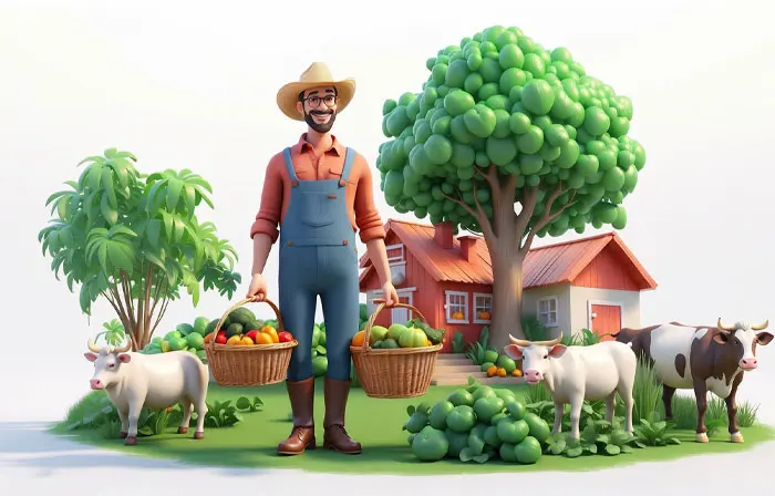 Rustic Farmer Holding a Basket of Vegetables Outside a Cozy Cottage 3D Illustration